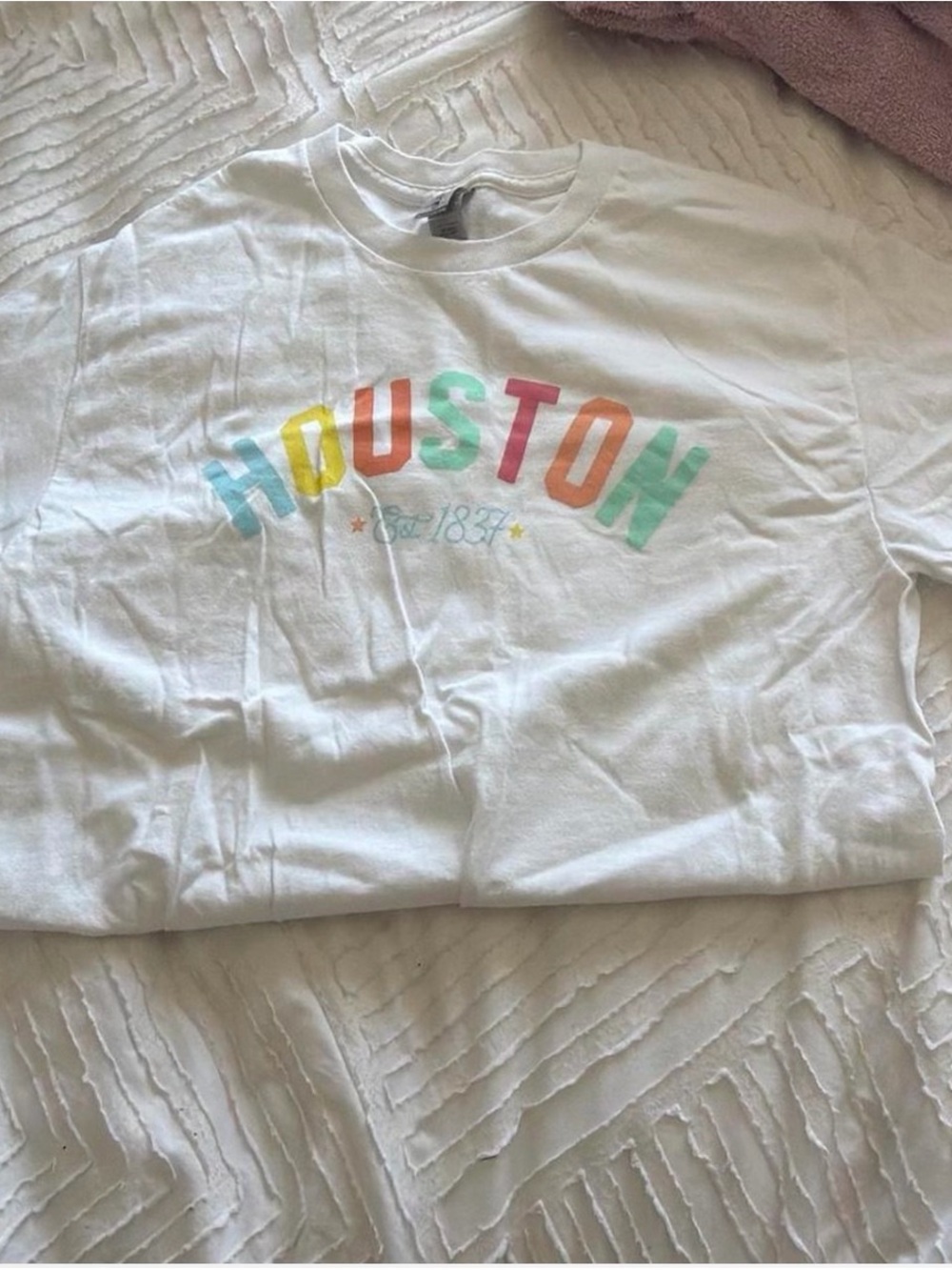 White "Houston" Graphic Women’s Tee - Multi-Color Lettering